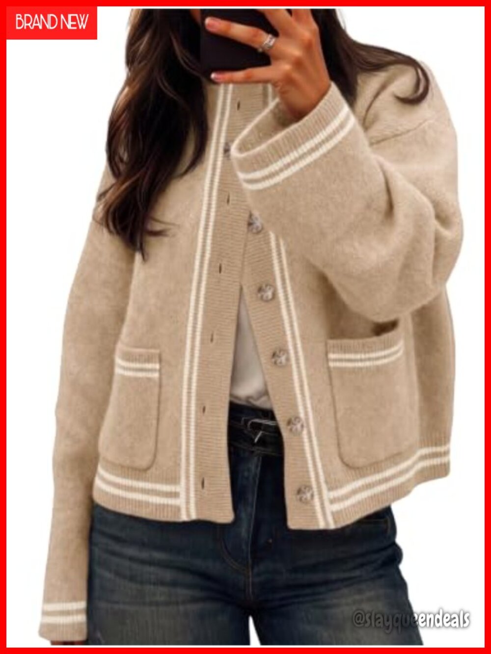 Chunky Knit Cardigan Striped Trim Mock Neck Trendy Sweater